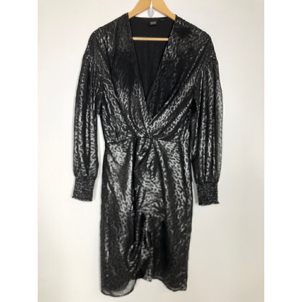 PINKO Cachaca 2 Faux Wrap Dress Leopard Print Long Sleeve Mini Silver Size 10 - Picture 7 of 13
